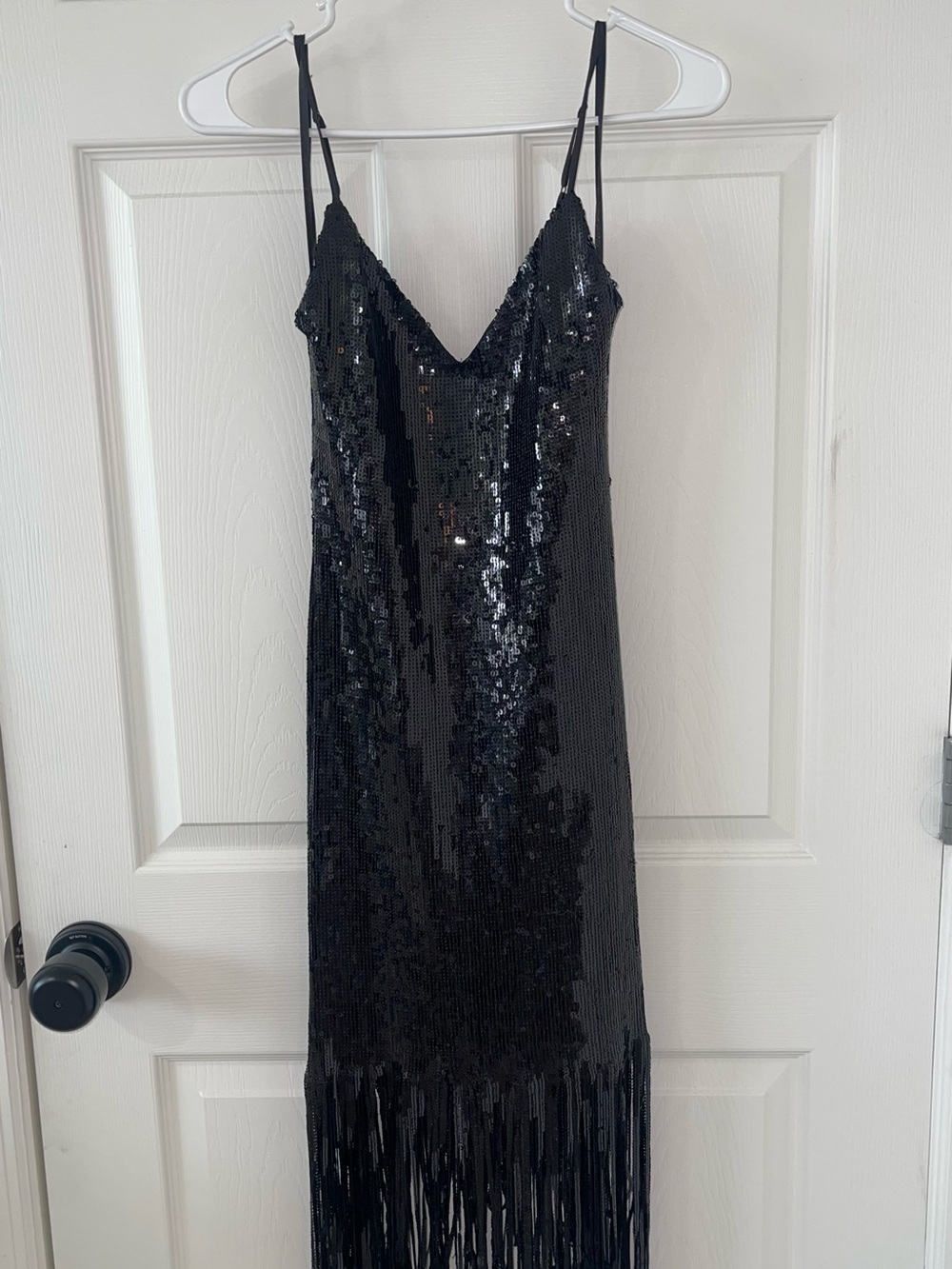 Black Sequin Fringe Strapless Slip Dress